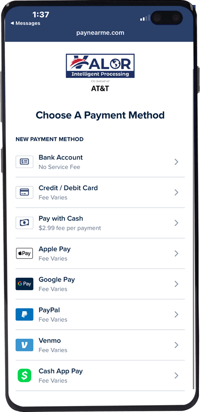 Valor offers every possible option for customers to choose how they want to pay. Select your option below to use your digital preference.